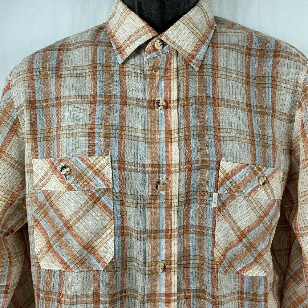 Vintage 80s Levis Button Up Shirt L Tan Blue Plaid